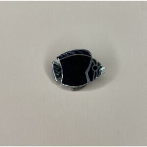 Vintage Signed Romeo Sterling Silver Brooch Pin Fish Black Onyx Enamel MCM 1950s